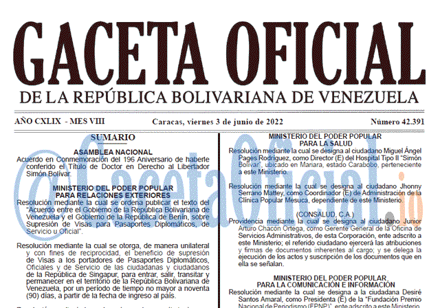 Venezuela Gaceta Oficial 42391 del 3 junio 2022