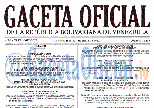 Venezuela Gaceta Oficial 42393 del 7 junio 2022