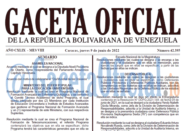 Venezuela Gaceta Oficial 42395 del 9 junio 2022