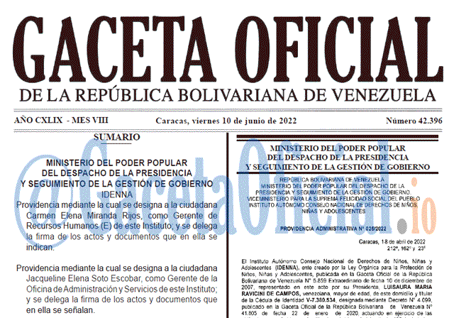 Venezuela Gaceta Oficial 42396 del 10 junio 2022