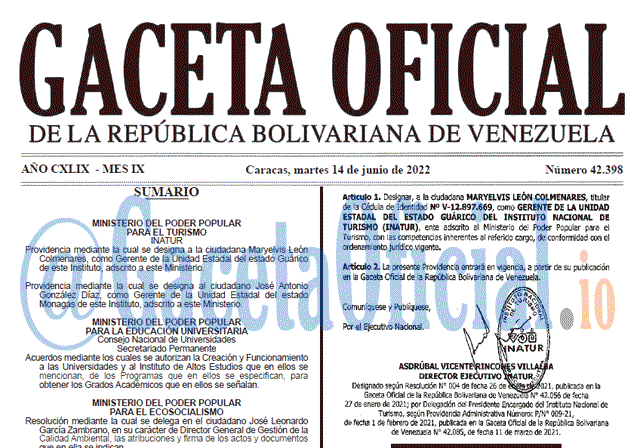 Venezuela Gaceta Oficial 42398 del 14 junio 2022