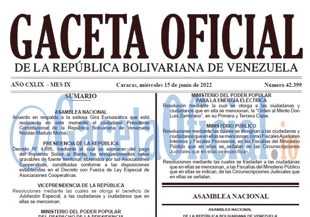 Venezuela Gaceta Oficial 42399 del 15 junio 2022