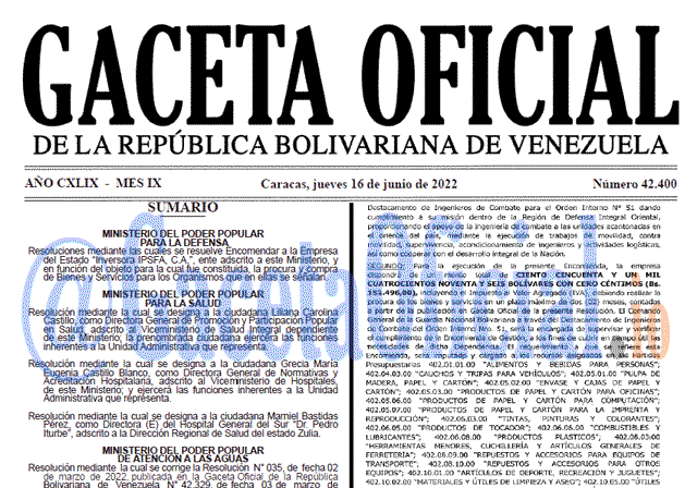 Venezuela Gaceta Oficial 42400 del 16 junio 2022