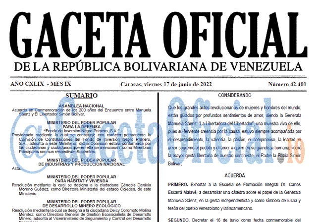 Venezuela Gaceta Oficial 42401 del 17 junio 2022
