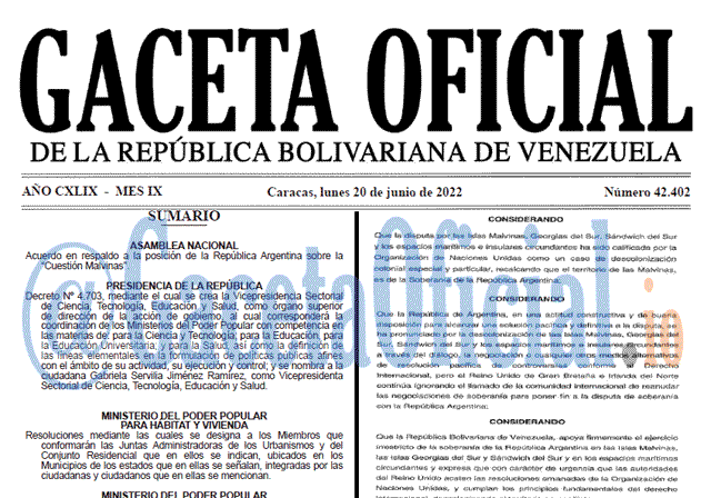 Venezuela Gaceta Oficial 42402 del 18 junio 2022