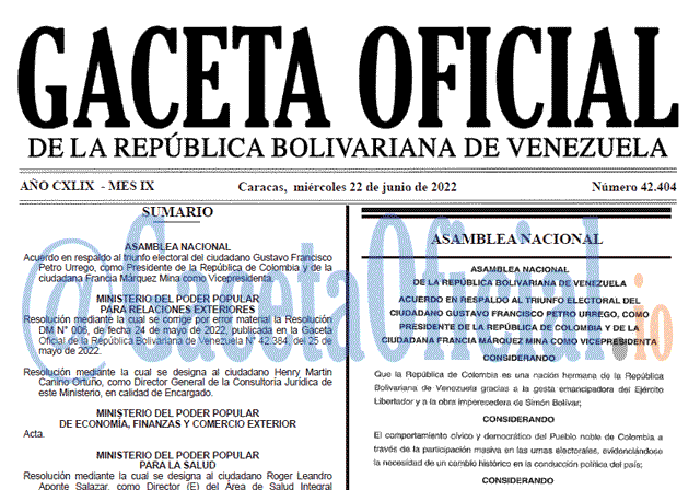 Venezuela Gaceta Oficial 42404 del 22 junio 2022