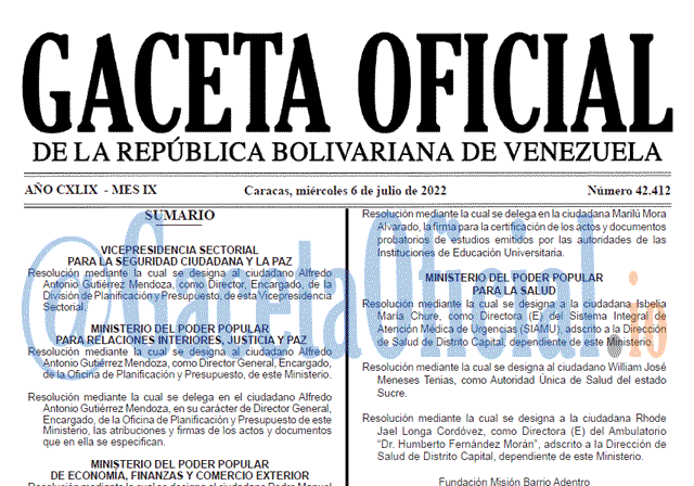Venezuela Gaceta Oficial 42412 del 6 julio 2022