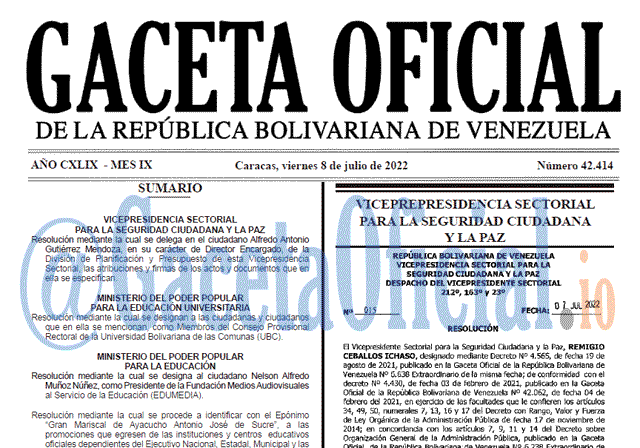 Venezuela Gaceta Oficial 42414 del 8 julio 2022
