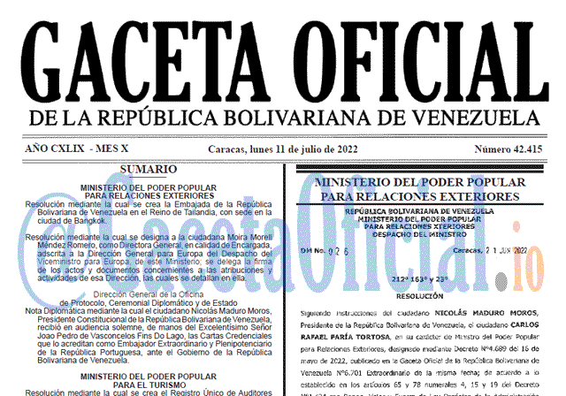 Venezuela Gaceta Oficial 42415 del 11 julio 2022