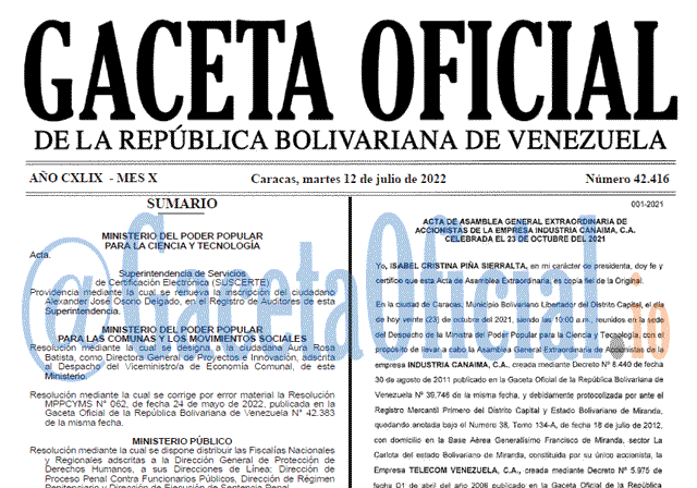 Venezuela Gaceta Oficial 42416 del 12 julio 2022