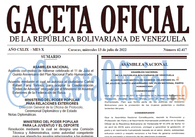 Venezuela Gaceta Oficial 42417 del 13 julio 2022