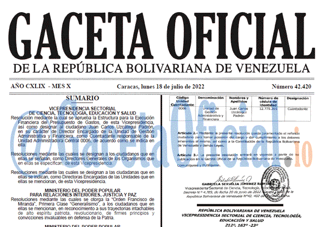 Venezuela Gaceta Oficial 42420 del 18 julio 2022
