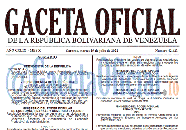 Venezuela Gaceta Oficial 42421 del 19 julio 2022