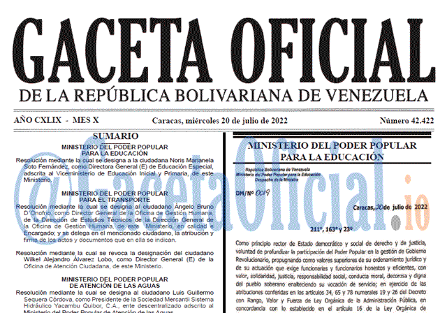 Venezuela Gaceta Oficial 42422 del 20 julio 2022