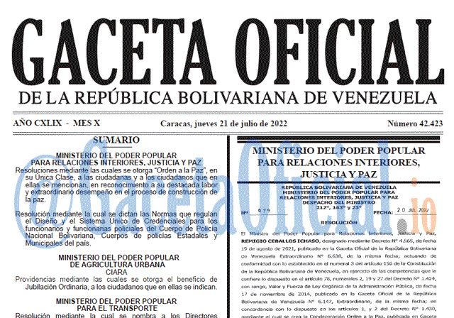 Venezuela Gaceta Oficial 42423 del 21 julio 2022