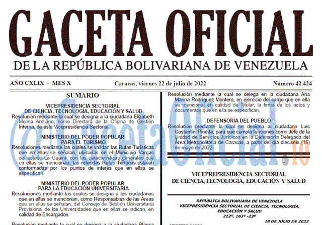Venezuela Gaceta Oficial 42424 del 22 julio 2022