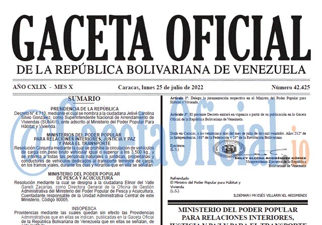 Venezuela Gaceta Oficial 42425 del 25 julio 2022