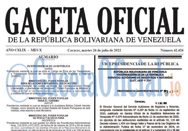 Venezuela Gaceta Oficial 42426 del 26 julio 2022