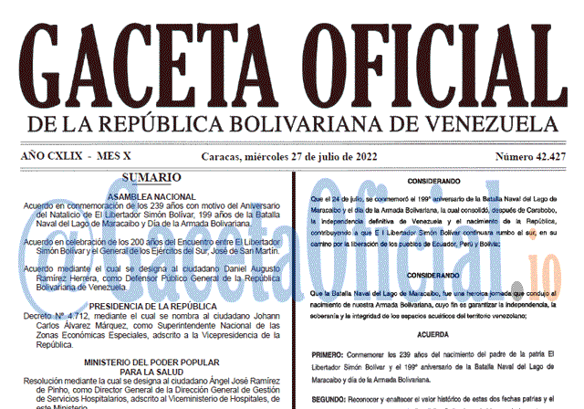 Venezuela Gaceta Oficial 42427 del 27 julio 2022