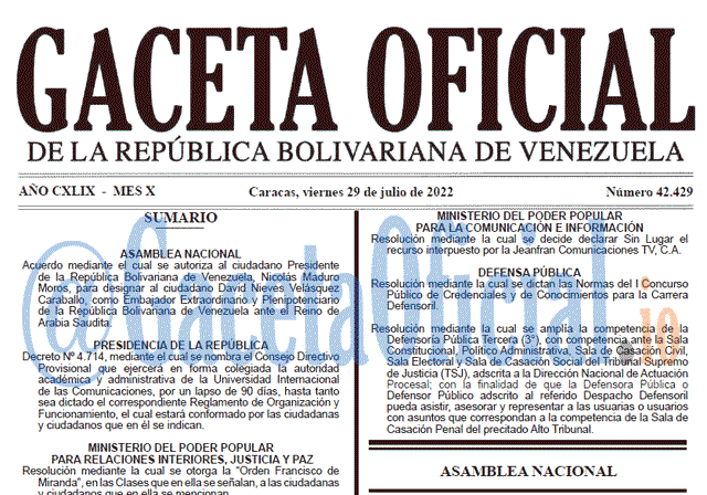 Venezuela Gaceta Oficial 42429 del 29 julio 2022