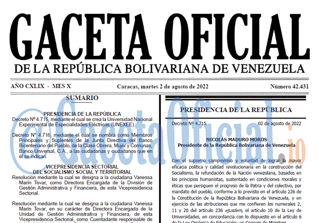 Venezuela Gaceta Oficial 42431 del 2 agosto 2022