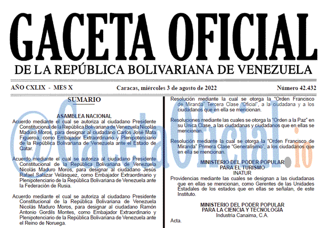 Venezuela Gaceta Oficial 42432 del 3 agosto 2022