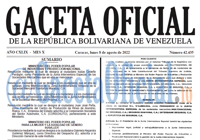 Venezuela Gaceta Oficial 42435 del 8 agosto 2022