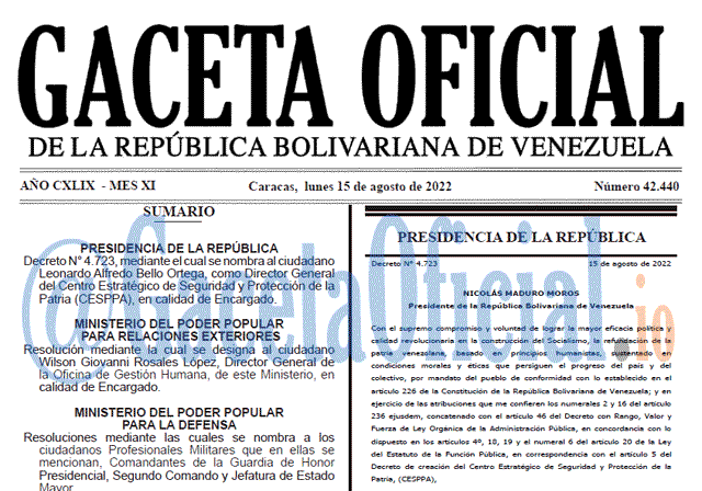 Venezuela Gaceta Oficial 42440 del 15 agosto 2022
