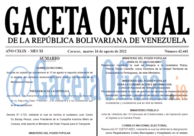 Venezuela Gaceta Oficial 42441 del 16 agosto 2022