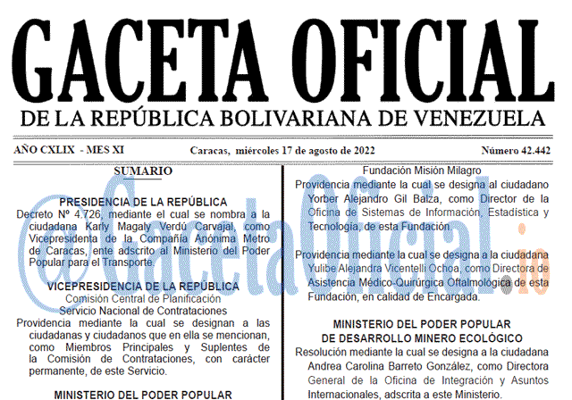 Venezuela Gaceta Oficial 42442 del 17 agosto 2022