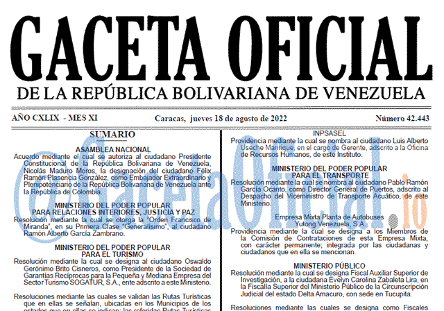 Venezuela Gaceta Oficial 42443 del 18 agosto 2022