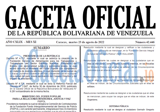 Venezuela Gaceta Oficial 42446 del 23 agosto 2022