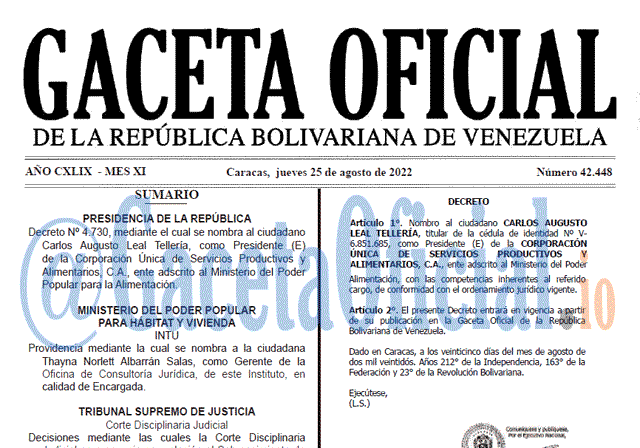 Venezuela Gaceta Oficial 42448 del 25 agosto 2022