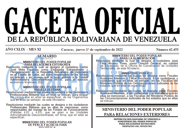 Venezuela Gaceta Oficial 42453 del 1 septiembre 2022