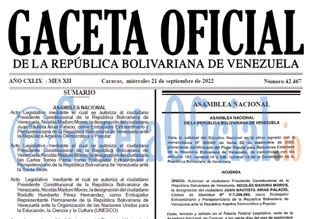 Venezuela Gaceta Oficial 42467 del 21 septiembre 2022