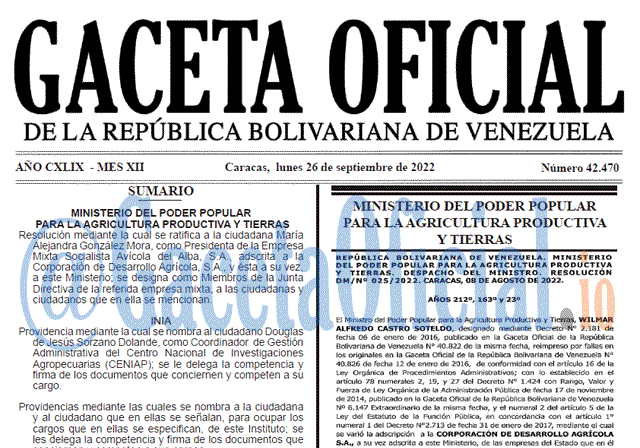 Venezuela Gaceta Oficial 42470 del 26 septiembre 2022