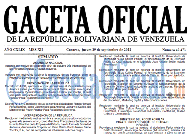 Venezuela Gaceta Oficial 42473 del 29 septiembre 2022