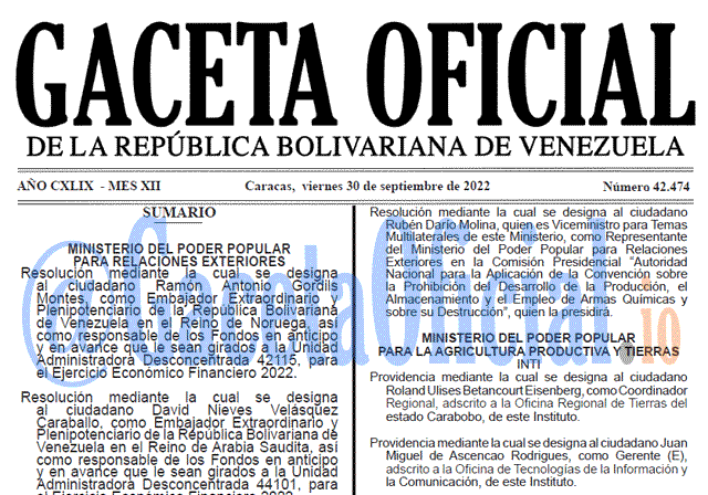 Venezuela Gaceta Oficial 42474 del 30 septiembre 2022