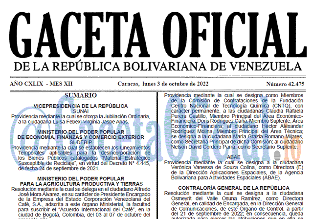 Venezuela Gaceta Oficial 42475 del 3 octubre 2022