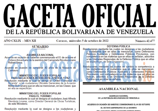 Venezuela Gaceta Oficial 42477 del 5 octubre 2022