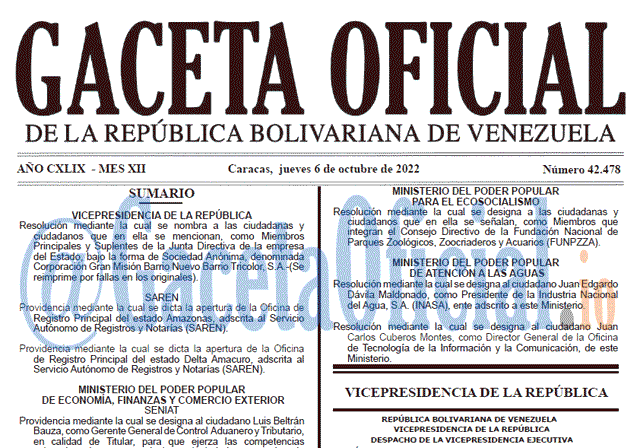 Venezuela Gaceta Oficial 42478 del 6 octubre 2022