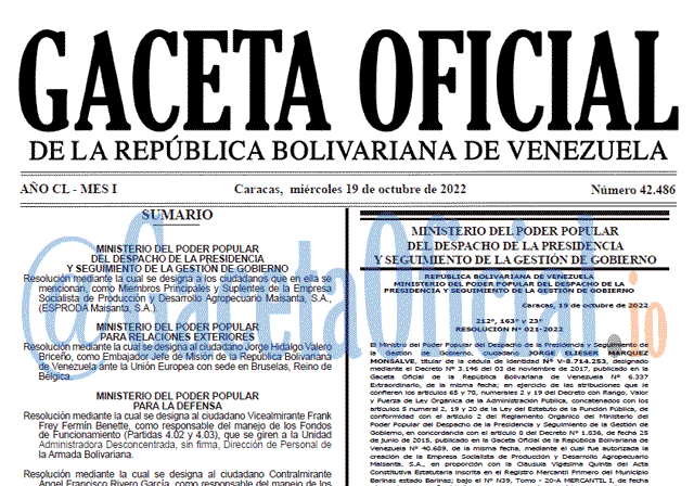 Gaceta Oficial Venezuela #42486 del 19 octubre 2022