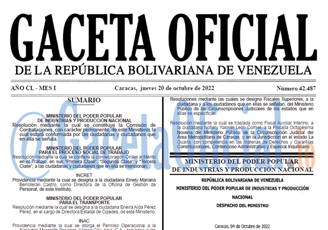 Gaceta Oficial Venezuela #42487 del 20 octubre 2022