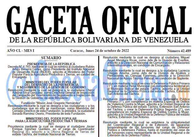 Gaceta Oficial Venezuela #42489 del 24 octubre 2022