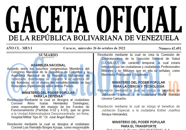 Gaceta Oficial Venezuela #42491 del 26 octubre 2022