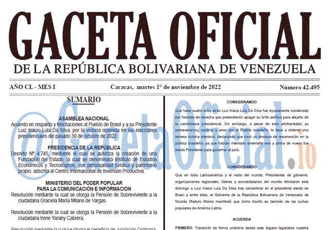 Gaceta Oficial Venezuela #42495 del 1 noviembre 2022