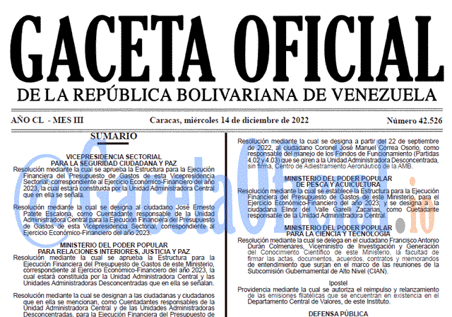 Gaceta Oficial, Gaceta 42526, Gaceta #42526, Gaceta Oficial Venezuela #42526