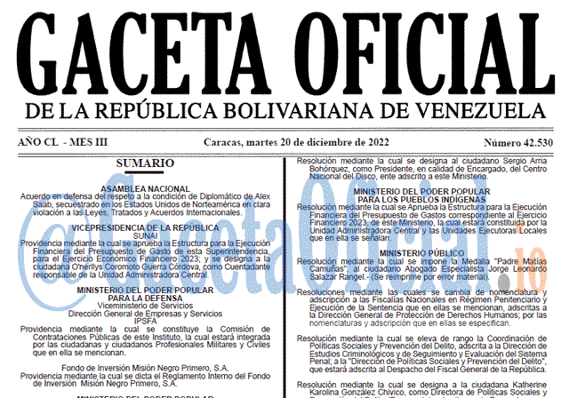 Gaceta Oficial, Gaceta 42530, Gaceta #42530, Gaceta Oficial Venezuela #42530