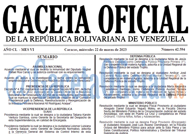 Gaceta Oficial, Gaceta 42594, Gaceta #42594, Gaceta Oficial Venezuela #42594