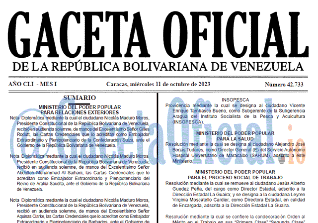 Venezuela Gaceta Oficial 42733 del 11 octubre 2023 Gaceta Oficial, Gaceta 42733, Gaceta 42733 HD, Gaceta #42733, Gaceta Oficial Venezuela #42733